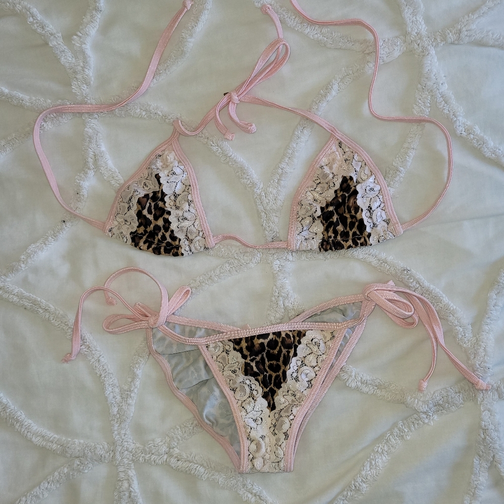 String Bikini set small cheetah and lace pink